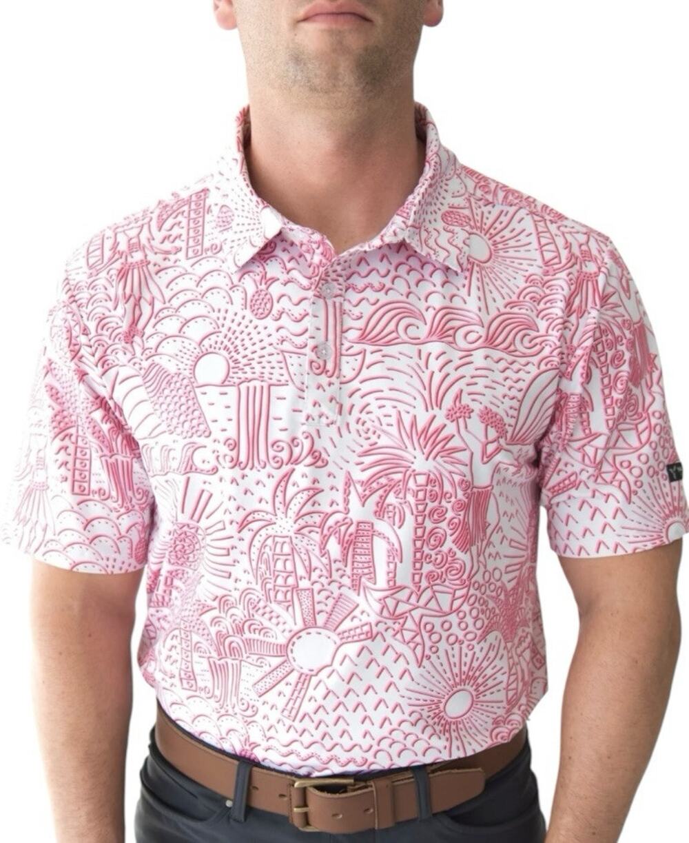 Yatta Golf Mens Polo Shirt Size Large Shaka Life Hawaiian Tropical Hula Pink